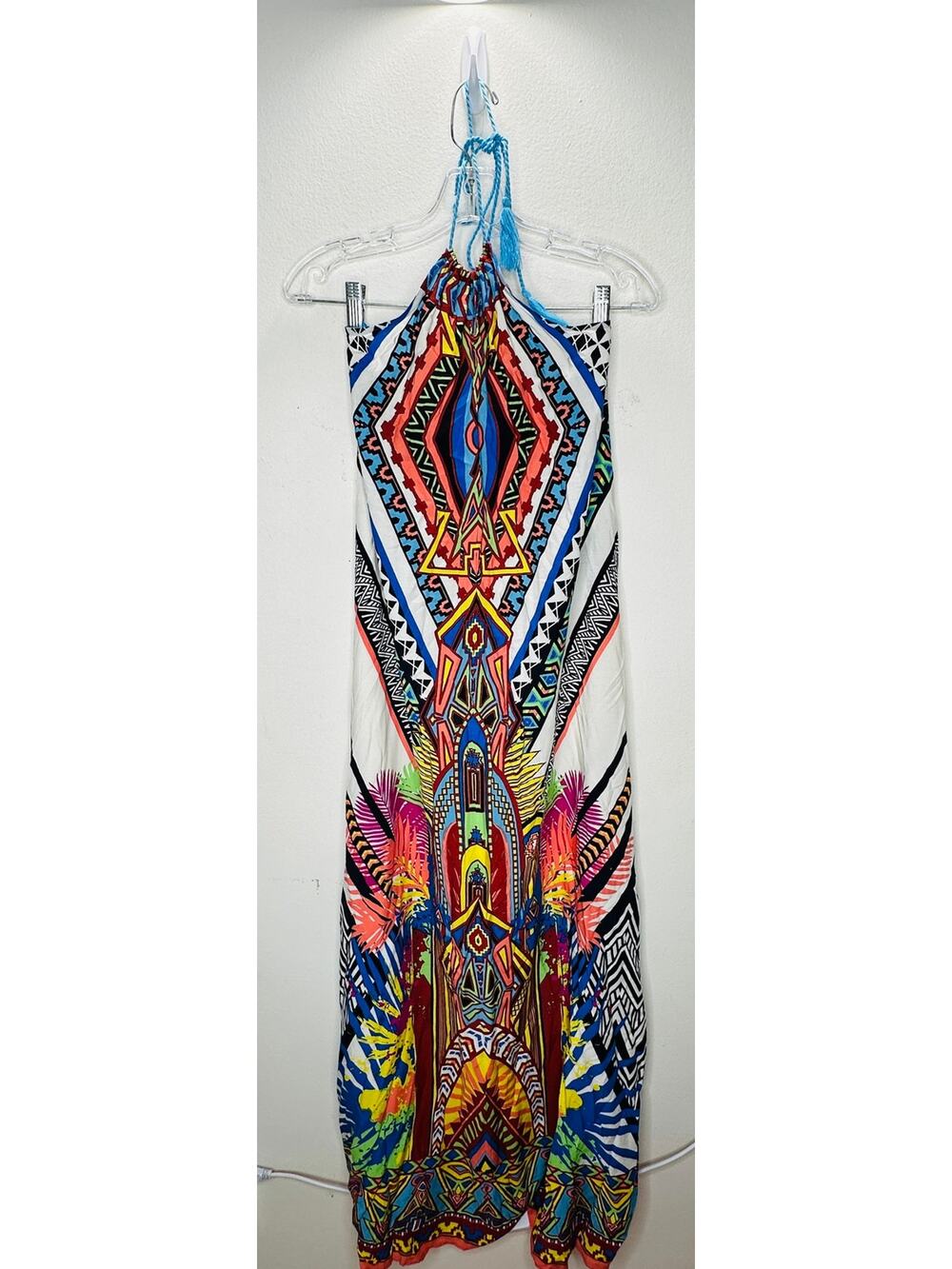 Sugarcloth White Blue Peach Multicolor Tribal Halter Maxi Dress